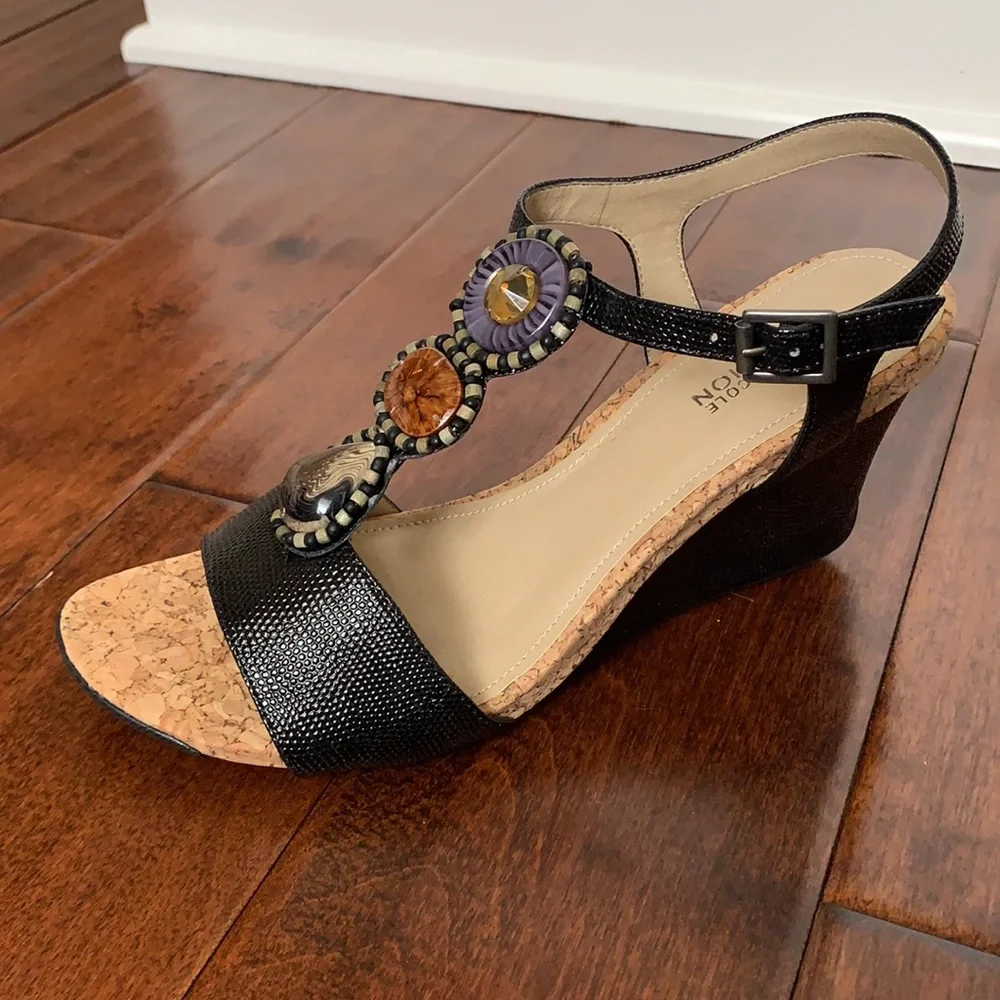 KENNETH COLE REACTION Black Snake Print Cork Wedges